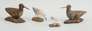 TWO SWEDISH CARVED AND PAINTED WOOD FIGURES OF SHORE BIRDS AND TWO AMERICAN SHORE BIRDS