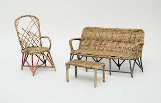 THREE PIECES OF MINIATURE WICKER AND PAINTED METAL GARDEN FURNITURE