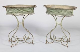 PAIR OF FRENCH GREEN-PAINTED METAL AND WIRE JARDINIÈRES