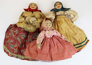 three Russian stockingnet face tea cozy dolls