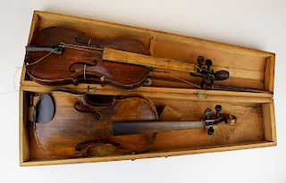 two old violins, bow, & case