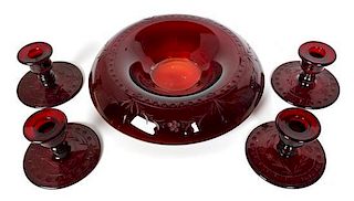 A Ruby Glass Table Garniture, Diameter of bowl 11 1/2 inches.