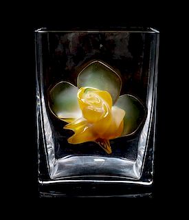 A Lalique Colored Glass Vase Height 8 1/2 x width 6 1/4 inches.