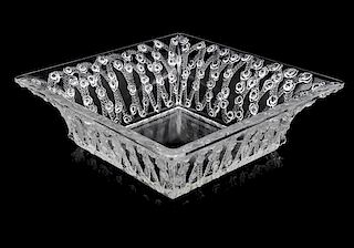 Lalique Rose and Vine Square Bowl Height 3 x width 9 1/2 x depth 9 1/2 inches