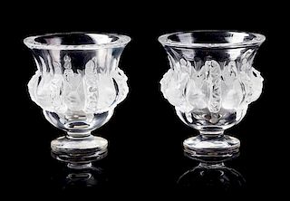 A Pair of Lalique Vases Height 4 3/4 inches.