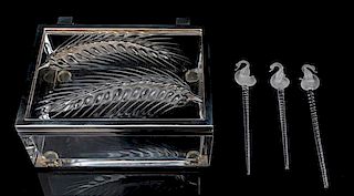 A Lalique Epis Box and Three Lalique Swizzle Sticks Width of box 5 5/8 inches.