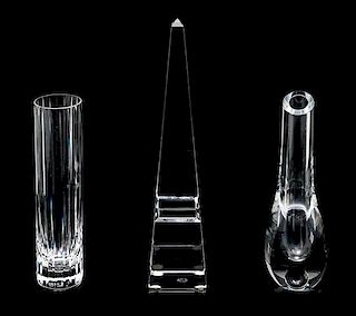 A Baccarat Obelisk and Two Baccarat Bud Vases Height of obelisk 10 inches.