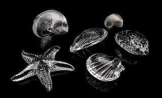 Six Baccarat Seashell Ornaments Width of widest 4 inches.