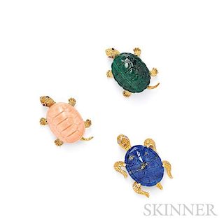 Three 18kt Gold Turtle Brooches
