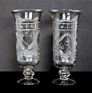 A Pair of Etched Glass Hurricanes, Height 11 7/8 inches.