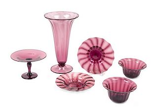 A Group of Six Steuben Amethyst Tableware Objects Height of tallest 9 3/4 inches.