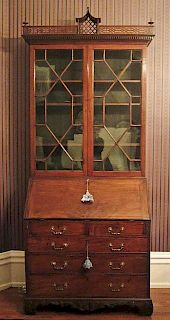 A Chinese Chippendale Style Mahogany Secretary Bookcase, Height 100 x width 39 3/4 x depth 21 inches.
