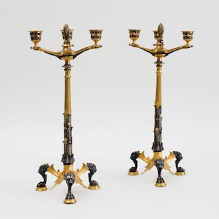 Pair of Napoleon III Ormolu and Patinated-Bronze Three-Light Candelabra