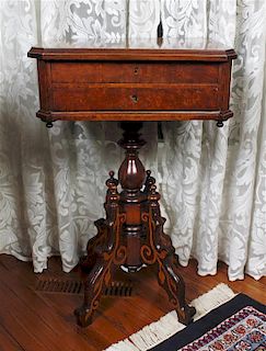 A Victorian Burlwood Work Table, Height 31 x width 19 1/4 x depth 13 3/4 inches.