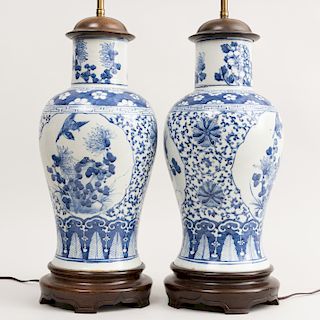 Pair of Chinese Blue and White Porcelain Baluster Vases Mounted as Lamps