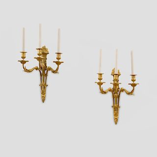Pair of Louis XVI Style Ormolu Three-Light Sconces