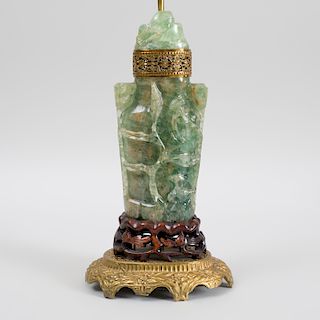 Chinese Carved Flourite Vase and Cover Mounted as a Lamp