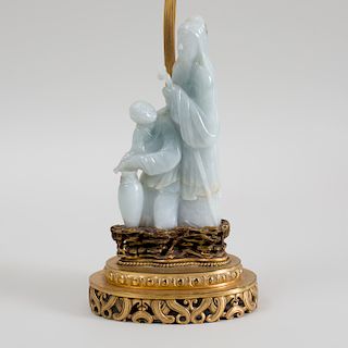 Chinese Carved Jadeite Group of an Immortal and Attendant Mounted as a Lamp