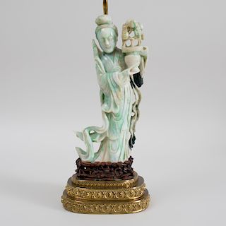 Chinese Carved Jadeite Figure of A Woman Mounted as a Lamp