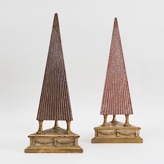 Pair of  Italian Neoclassical Faux Porphyry Carved Wood Obelisks on Giltwood Bases
