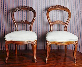 A Pair of Victorian Balloon Back Side Chairs, Height 34 x width 18 1/2 x depth 18 inches.