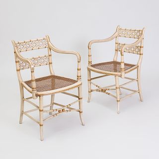 Pair of Early Victorian Cream Painted and Caned Armchairs, in the Neogothic taste
