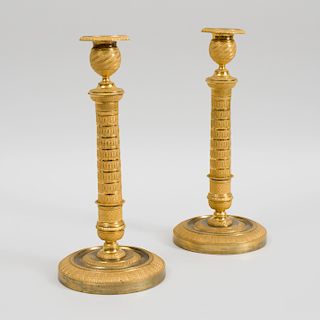 Pair of Charles X Gilt-Bronze Column Form Candlesticks