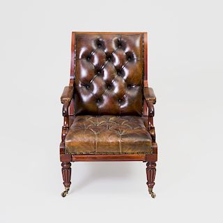 Fine Near Pair of Late Regency Mahogany and Tufted Leather Upholstered Retractable Armchairs
