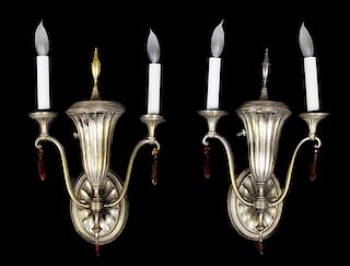 A Pair of Silvered Metal Two-Light Sconces, Height to finial 15 inches.