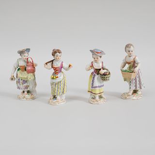 Group of Four Meissen Porcelain Figures of Girls Carrying Various Implements 