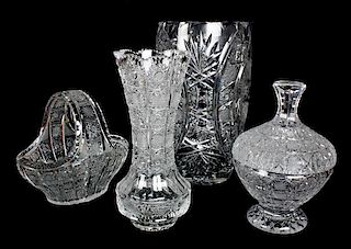 Four Czechoslovakian Cut Glass Articles, Height of tallest 11 3/4 inches.
