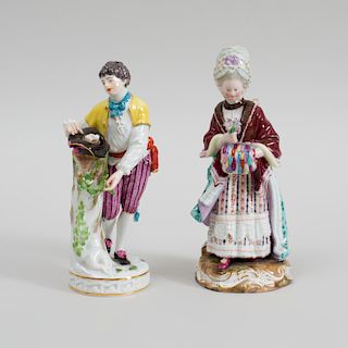 Two Meissen Porcelain Figures of a Girl with Muff Reading and a Man in a Yellow Coat
