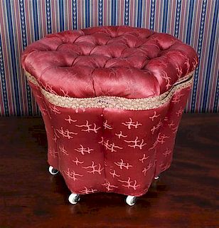 A Victorian Style Upholstered Ottoman, Height 12 x diamter 14 inches.
