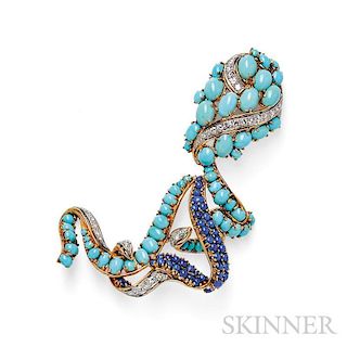 18kt Gold, Turquoise, and Lapis Brooch