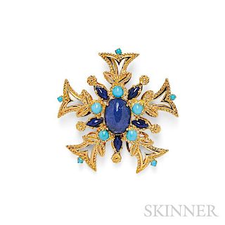 18kt Gold, Sodalite, and Turquoise Pendant/Brooch