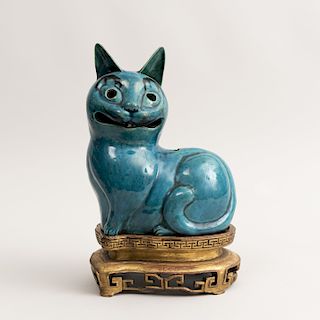 Japanese Turquoise Glazed Porcelain Cat Form Night Light