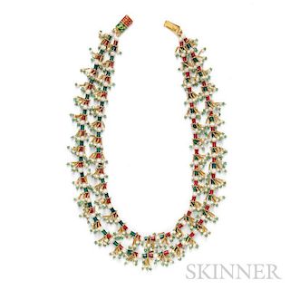 Gold, Enamel, and Cultured Pearl Necklace