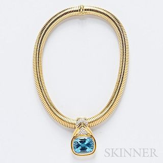 18kt Gold, Blue Topaz, and Diamond Pendant Necklace