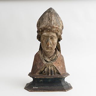 Continental Carved Wood Polychrome Bust of a Saint