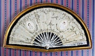 A Victorian Embroidered Silk and Abalone Fan, Height of first 13 3/4 x width 25 inches.