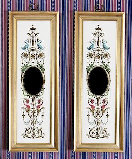 A Pair of Reverse Painted Glass Plaques, Height 18 5/8 x width 6 5/8 inches.
