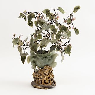 Chinese Carved Pale Green Jade Pomegranate Form Wine Vessel Fitted with Jade Fruiting Tree