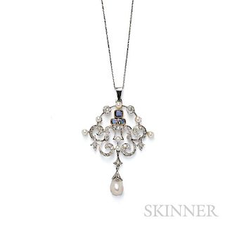 Sapphire, Pearl, and Diamond Pendant