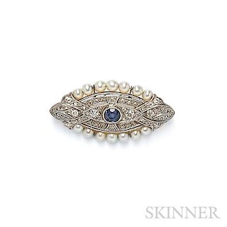 Art Deco Platinum, Sapphire, and Pearl Brooch