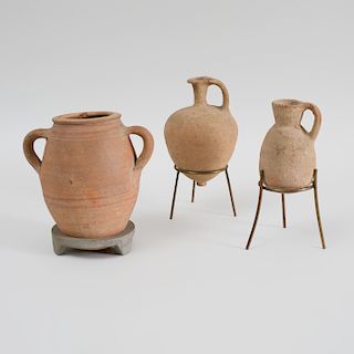Ancient Terracotta Cinerarium and Two Ancient Pottery Small Jugs