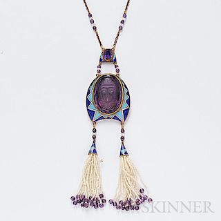 Egyptian Revival 14kt Gold, Amethyst Cameo Cuvee, and Enamel Pendant
