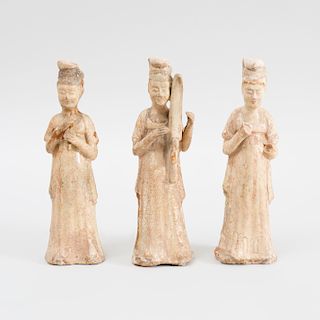 Group of Three Tang Style Chinese Straw Glazed Pottery Female Musicians