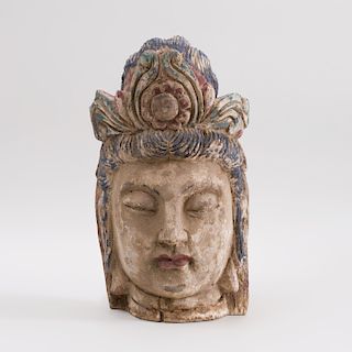 Chinese Carved and Painted Wood Head  of a Bodhisattva
