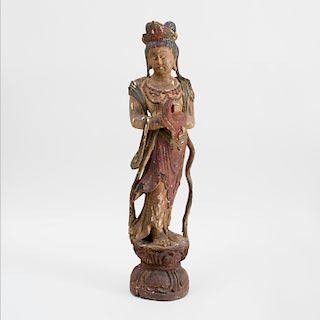 Chinese Carved Polychrome Painted and Carved Wood Figure of a Beauty