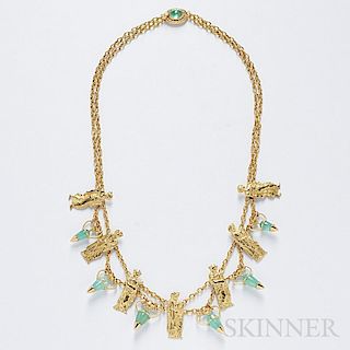 Archeological Revival Gold and Emerald Necklace